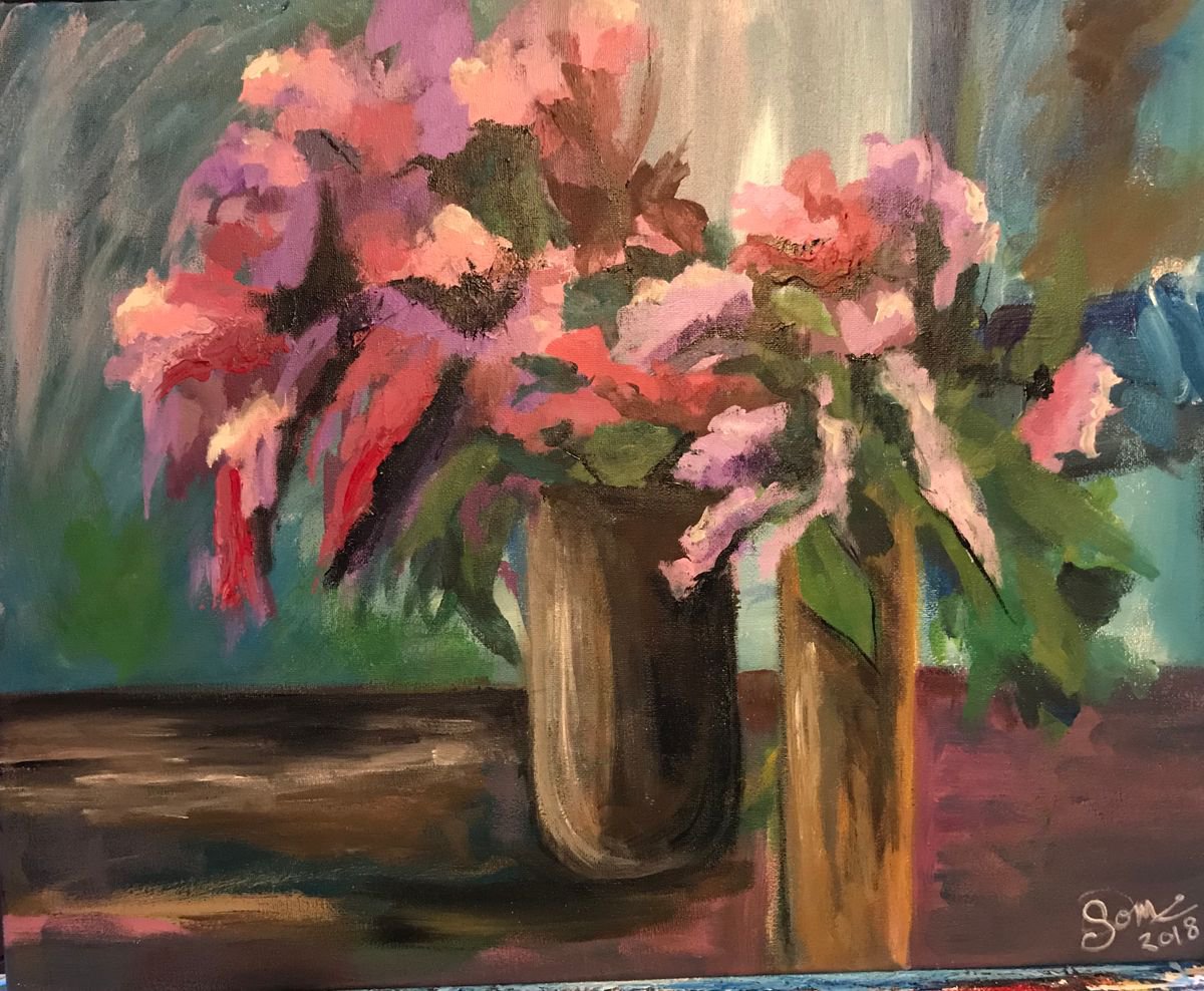 Impressionistic Botanical Acrylic Painting By Carolyn Shoemaker (Soma), 20 X 16, Muted Brilliance, Original Artwork