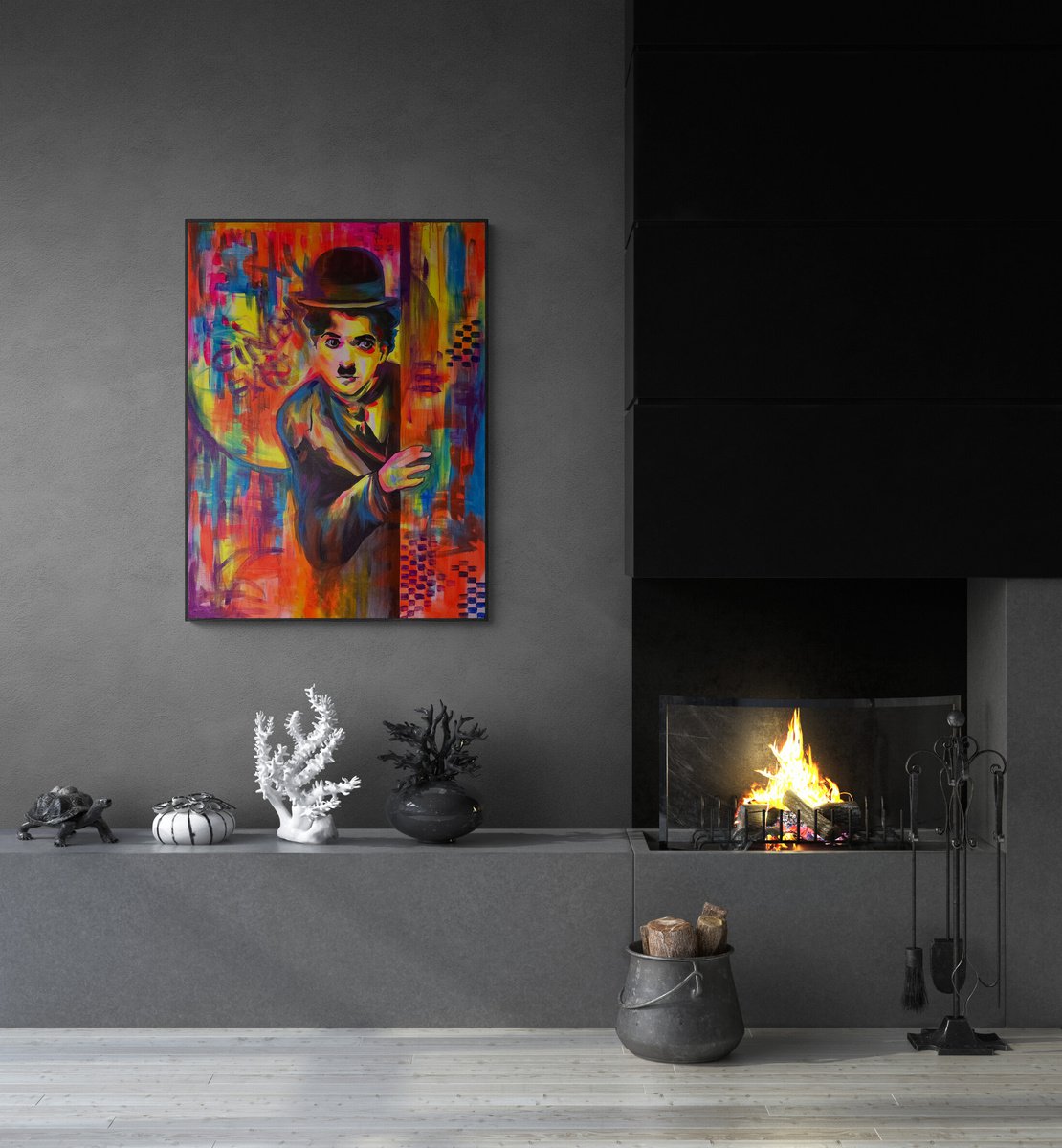 Expressive Portrait Acrylic Painting By Maria Kireev, 35 X 47", Charlie Chaplin, Original Artwork