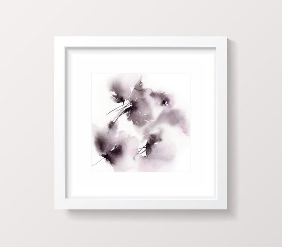 Black abstract flowers, small watercolor floral painting