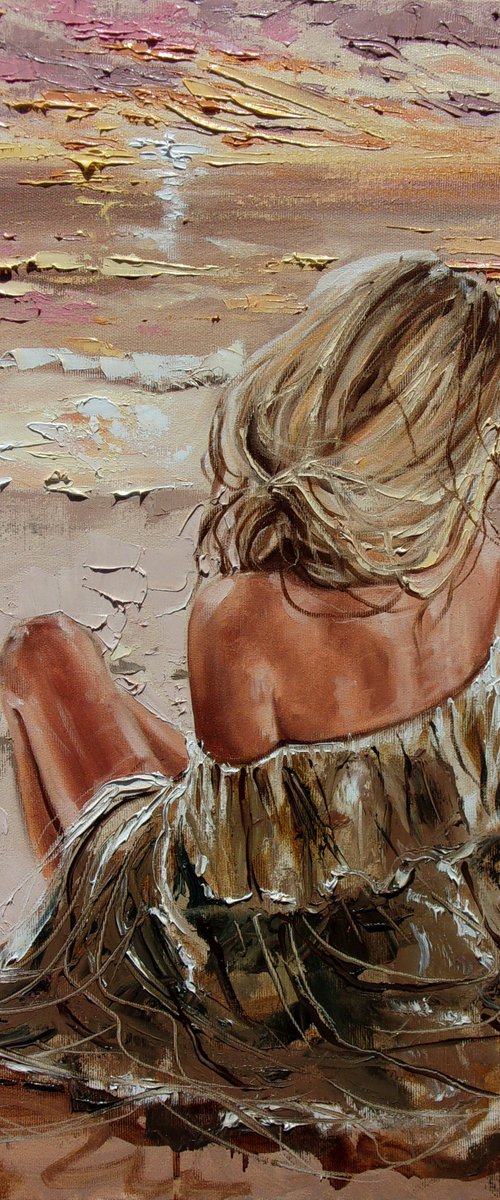" MISSING SUMMER ... " SUN SKY SEA SAND liGHt  ORIGINAL OIL PAINTING, GIFT, PALETTE KNIFE by Monika Luniak