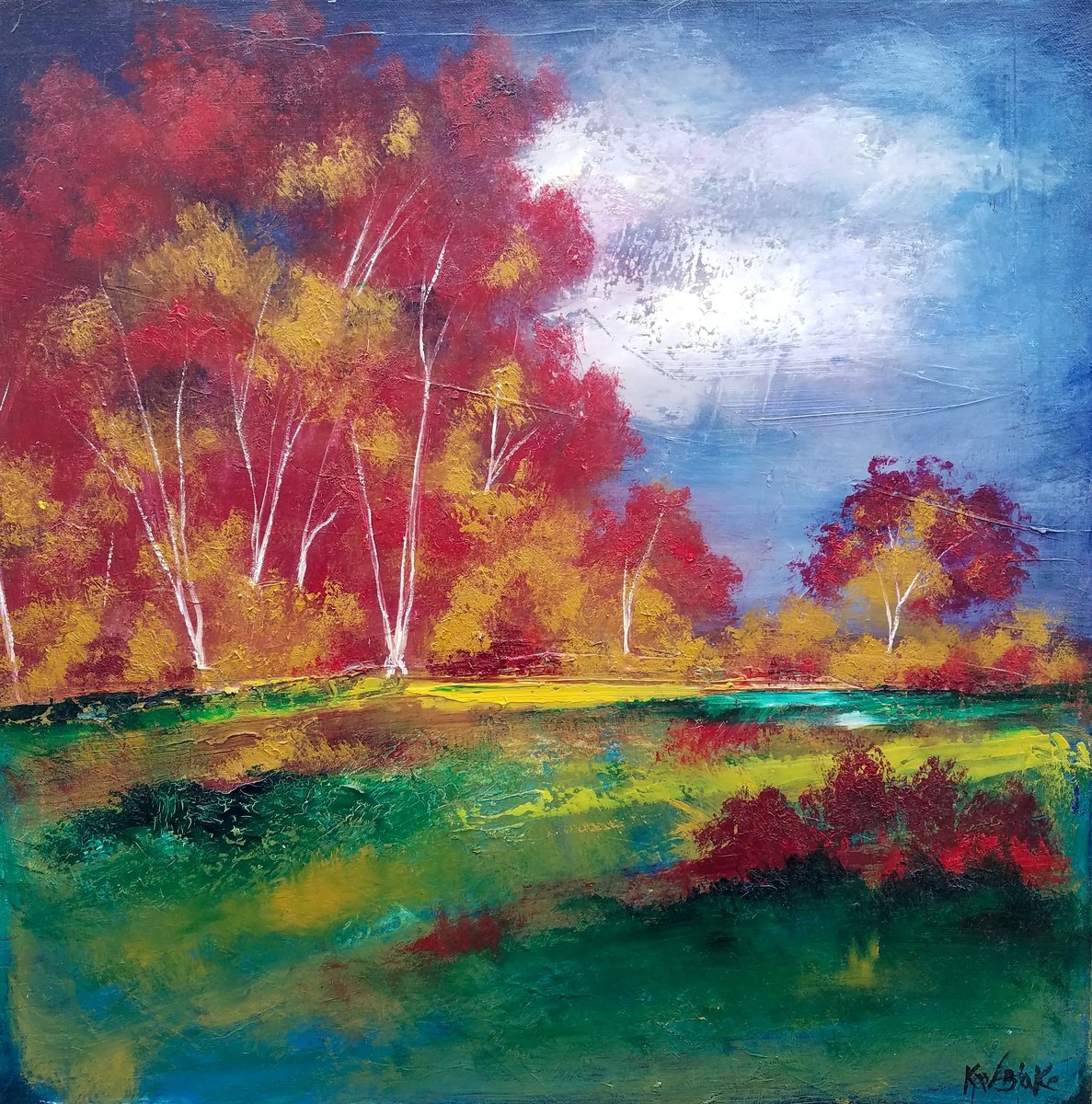 Impressionistic Landscape Oil Painting By Kevin Blake, 24 X 24", Silver Birch & Crimson Trees, Original Artwork