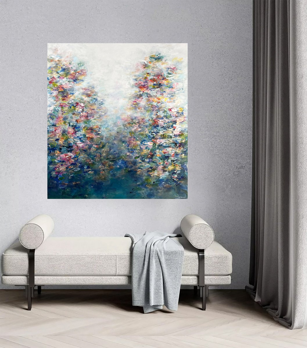 Abstract Acrylic Painting By Ve Boisvert, 36 X 40", Water Lilies In The Sky, Original Artwork