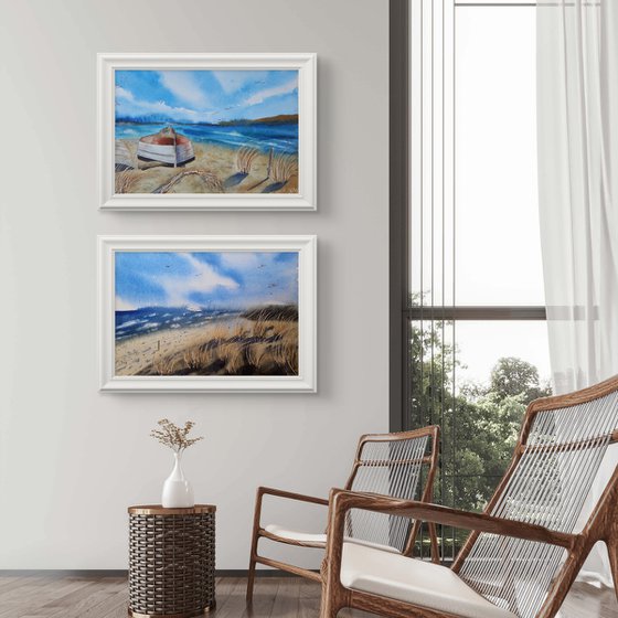 Set of 2. Boat on the beach