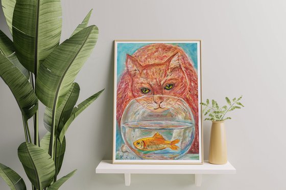Ginger Cat Portrait with Red Fish in Acquarium