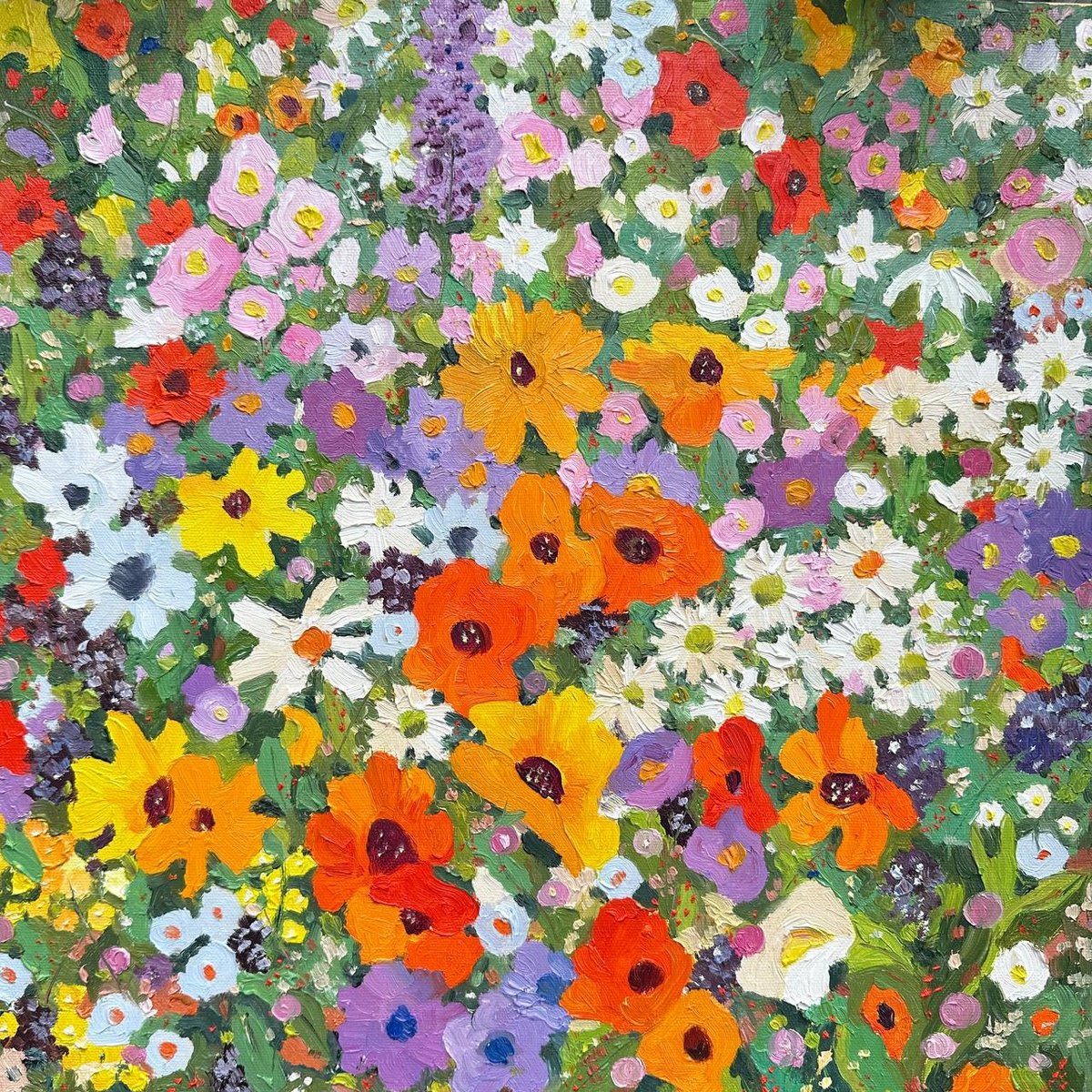 Impressionistic Botanical Oil Painting By Irina Anis, 16 X 16, Field Flower Mosaic, Original Artwork