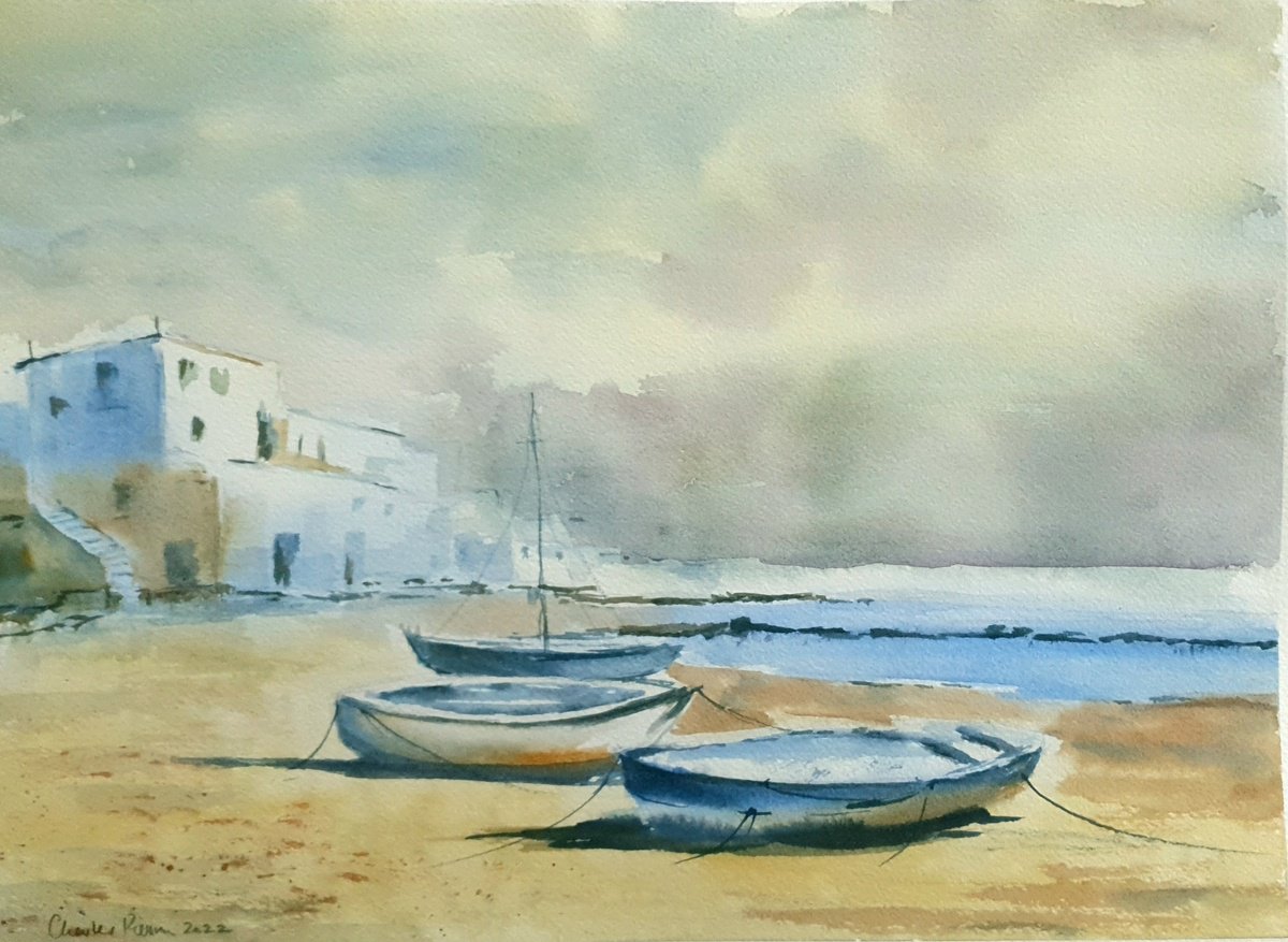 Impressionistic Watercolour , Boats On The Shore At Calella By Charles Pierson, 15 X 11, Artwork For Sale On Artfinder