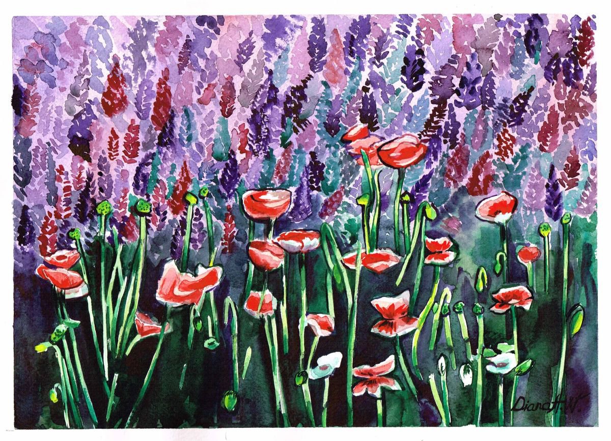 Lavender and Red Poppies Meadow Flowers by Diana Aleksanian