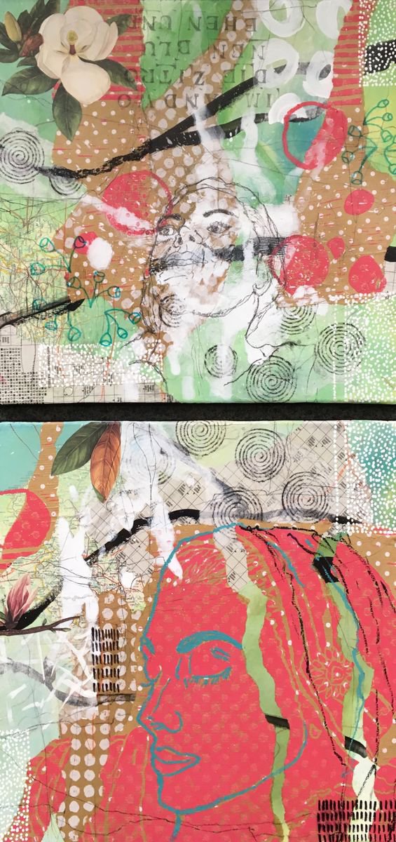 Expressive Portrait Painting By Marita Tobner, 16 X 31", A Piece Of Land I/Ii (Dipt.), Original Artwork