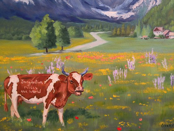 Funny Cow in Switzerland mountains landscape Painting