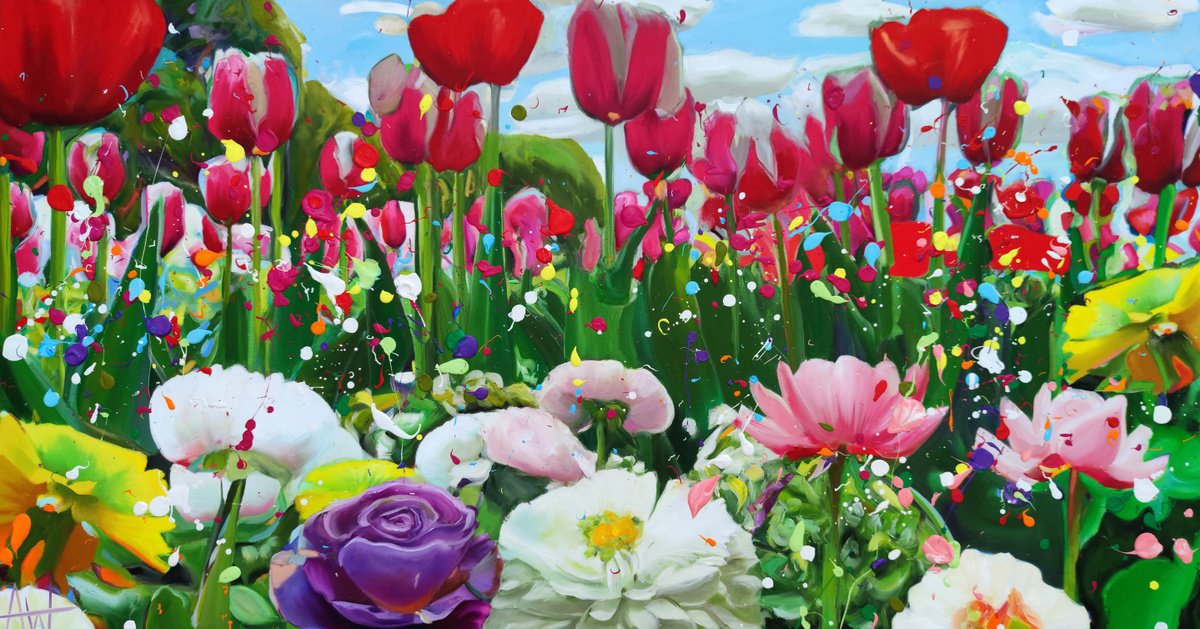 Impressionistic Botanical Oil Painting By Angie Wright, 59 X 31, Tulip Fields, Original Artwork