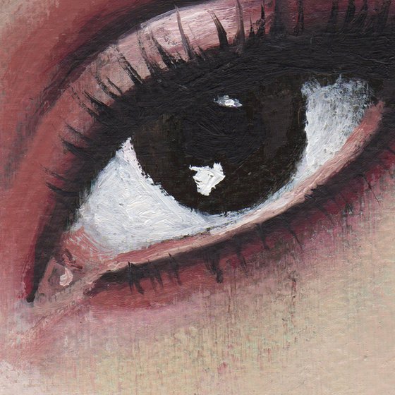 Ariana - beauty oil painting of women female on paper dark red tones makeup closeup