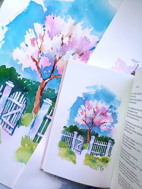 Bright landscape "Spring. Blooming apricot tree behind a white garden fence" original watercolor painting