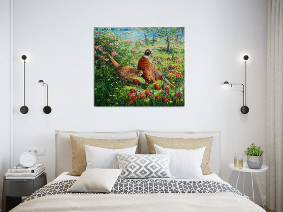 PHEASANTS IN APPLE GARDEN