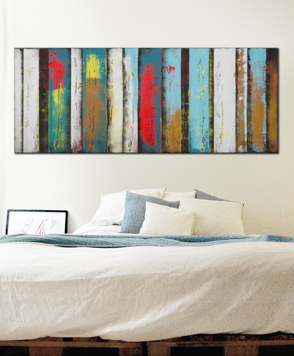 Abstract Acrylic Painting By Ronald Hunter, 59 X 24", Turquoise Panels Light, Original Artwork