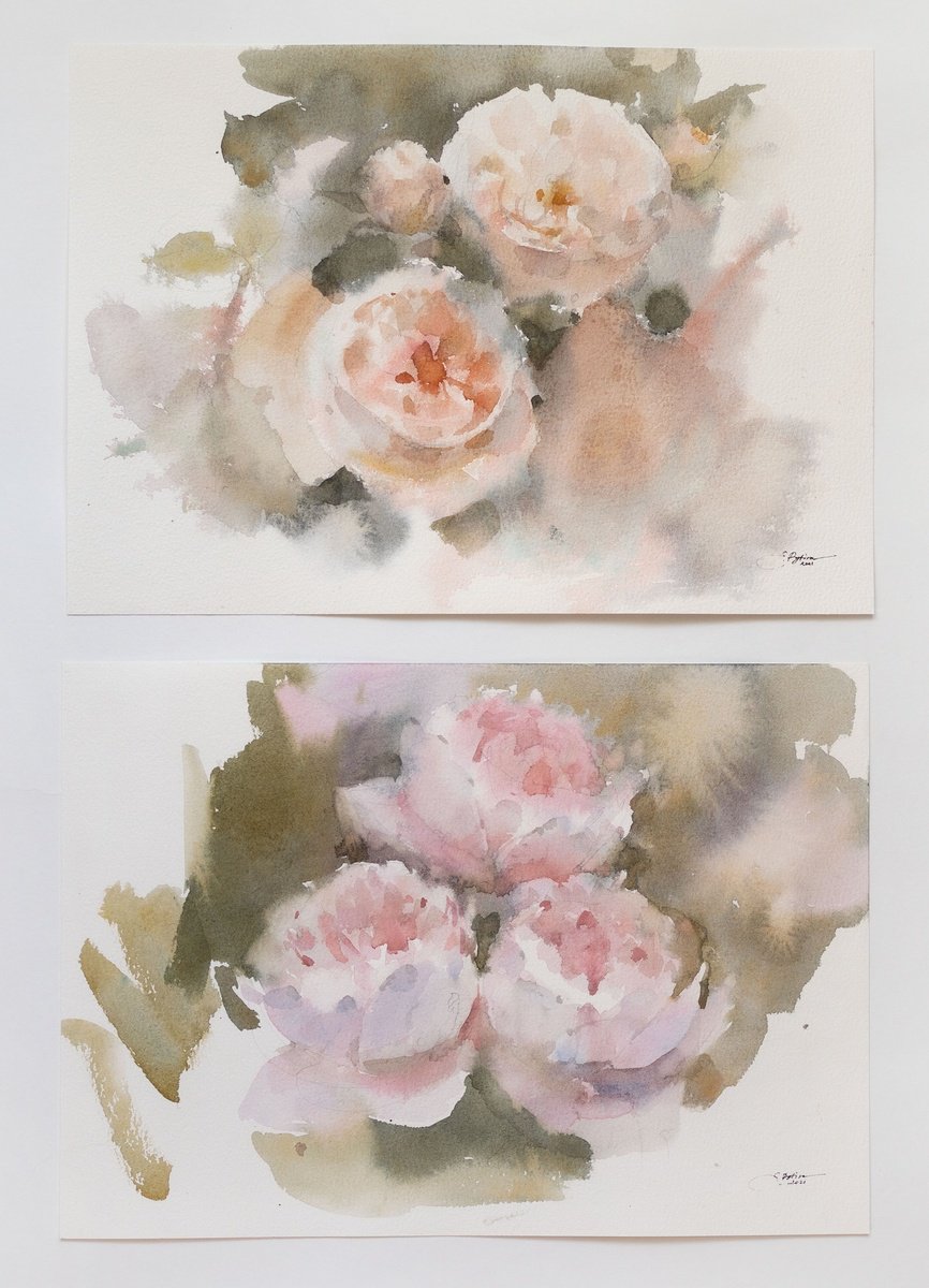Peonies and roses, Set of 2 paintings by Ekaterina Pytina