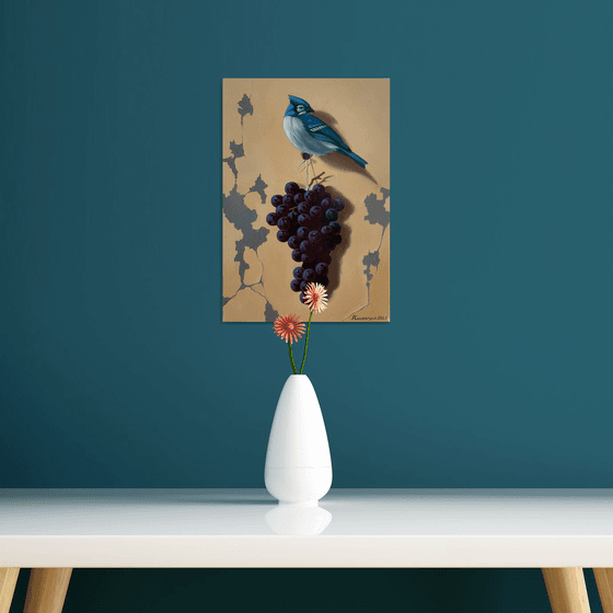 Still life with bird and grape (24x35cm, oil painting, ready to hang)