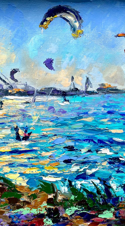Kitesurfing - Сatch before sunset, 47*37cm, impressionistic oil impasto landscape painting by Olga Blazhko