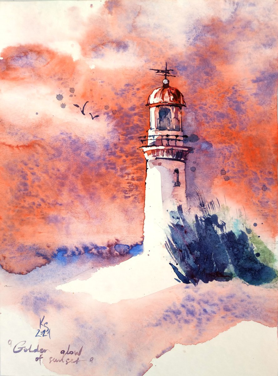 Original watercolor landscape Lighthouse. Golden glow of sunset by Ksenia Selianko