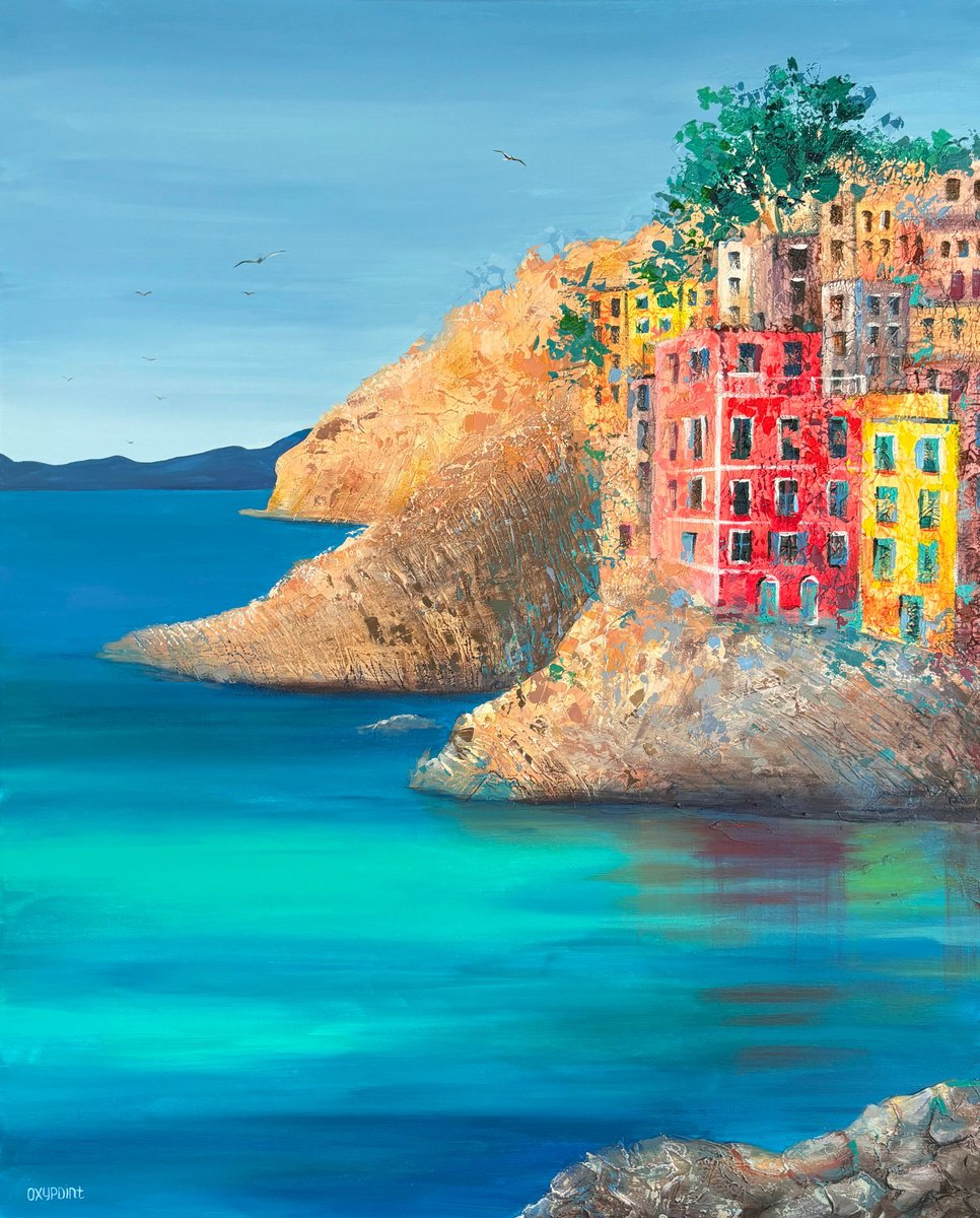 Impressionistic Landscape Painting By Oxypoint, 31 X 39", "Riomaggiore, Cinque Terre", Original Artwork