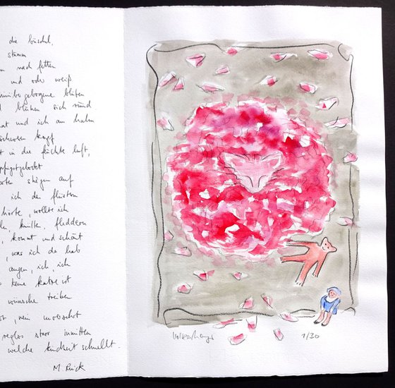 Monika Rinck: Peonies, Variant 1 - handwritten poem and gouache