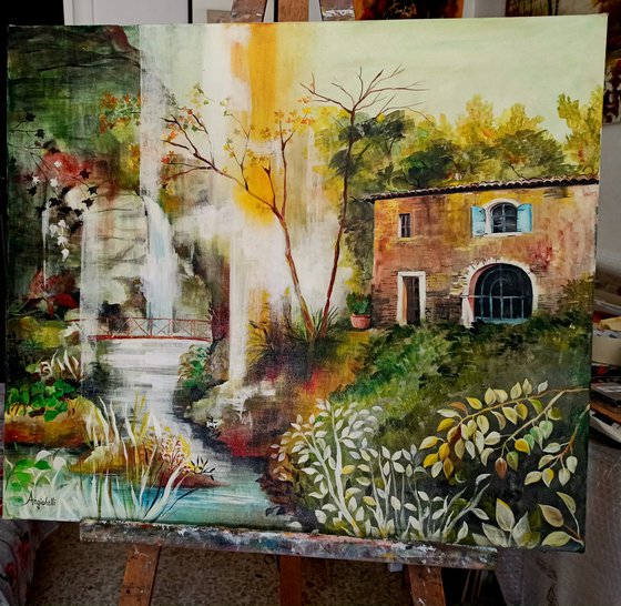 The house on the waterfall -   landscape - original painting