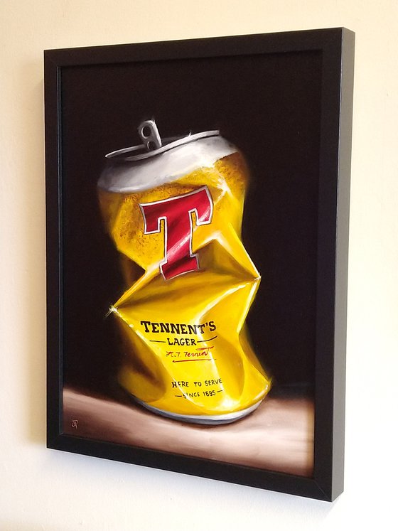 Crushed Tennents Lager still life