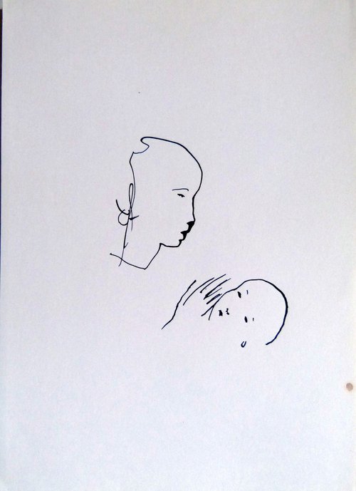 Mother and child, minimalist drawing, 21x29 cm by Frederic Belaubre