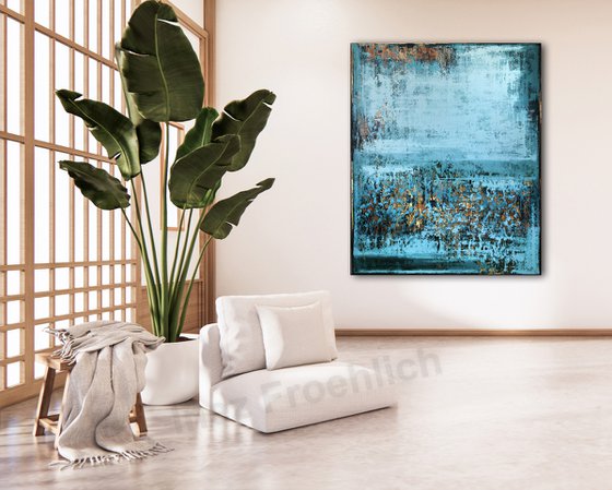 FRIMAIRE - 150 x 120 CM - TEXTURED ACRYLIC PAINTING ON CANVAS * BLUE * GOLD