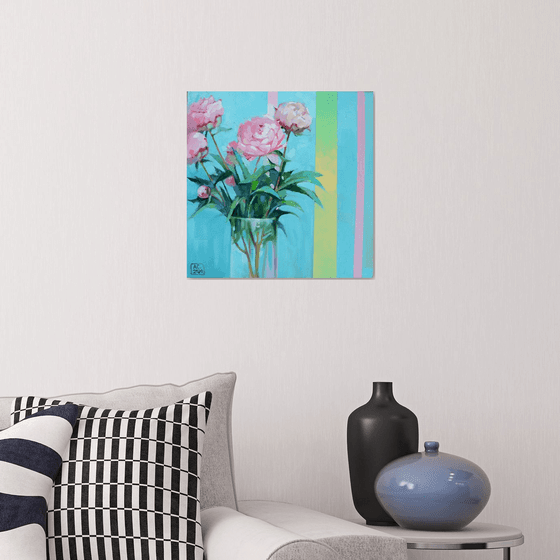 "Pink peonies on a blue background with stripes"