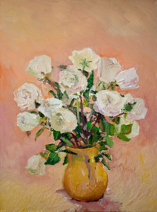 White Roses and Creamy Background by Suren Nersisyan