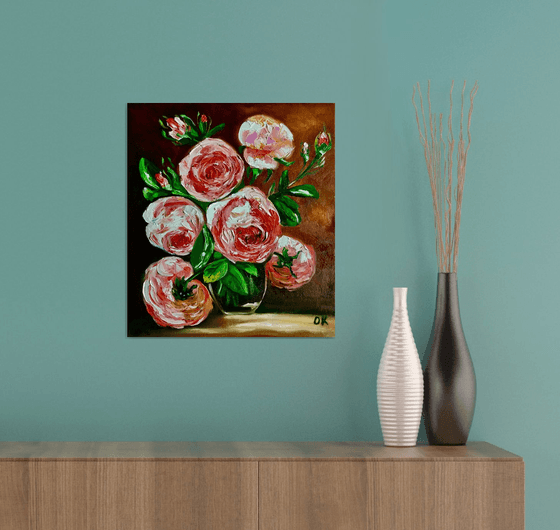 BOUQUET OF CORAL ROSES #2   palette knife modern red pink still life  flowers Dutch style office home decor gift