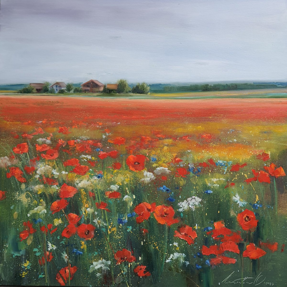 Abstract Landscape Oil Painting By Olha Laptieva, 28 X 28", Poppies On The Field, Original Artwork