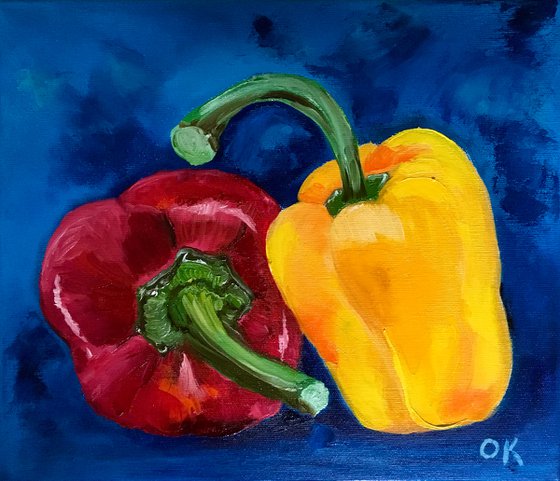 ReD and yellow Peppers on navy  blue background  #7