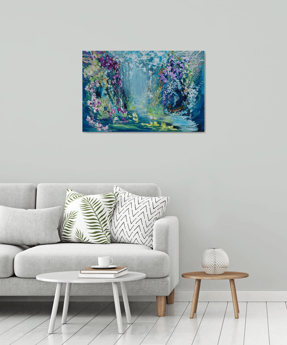 Abstract Landscape Large Flowers Painting. Tropical Floral Blue Teal Green Painting on Canvas. Modern Impressionism Art Pink Orchid White Purple Flowers Floral Garden Botanical Impressionism.