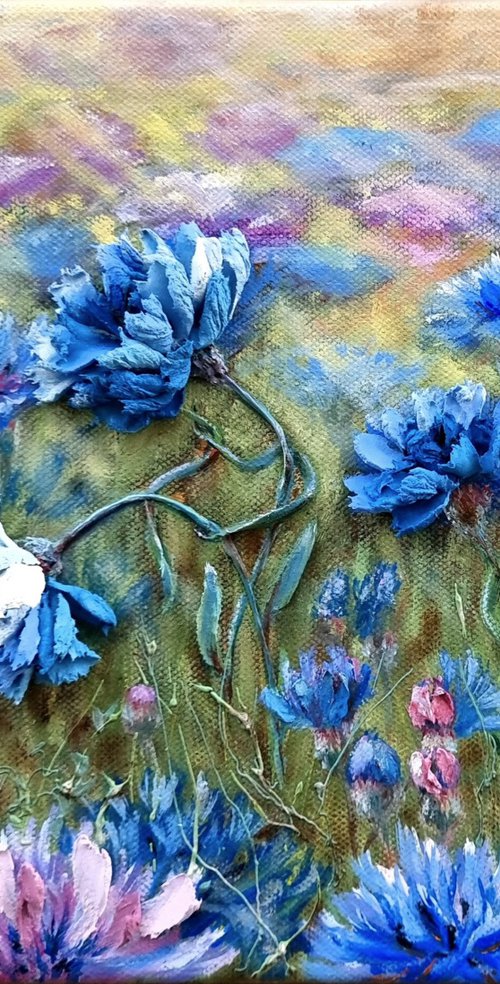 Oil painting and relief landscape with Blue cornflowers on a summer meadow are a touching dance of flowers. Dance with me. 30x25x4cm by Irina Stepanova