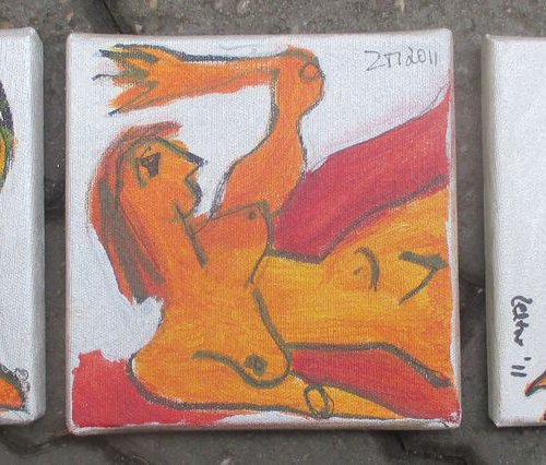 3 expressive silver girls on canvas mixed media 6 x 17,7 inch by Sonja Zeltner-Müller