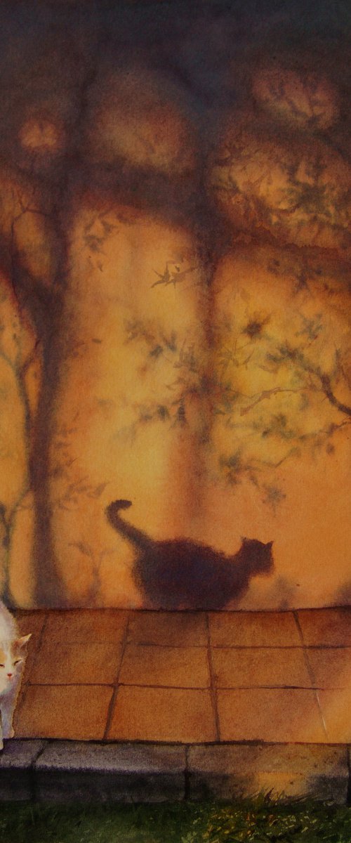 Shadow Cat at Sunset by Olga Beliaeva Watercolour