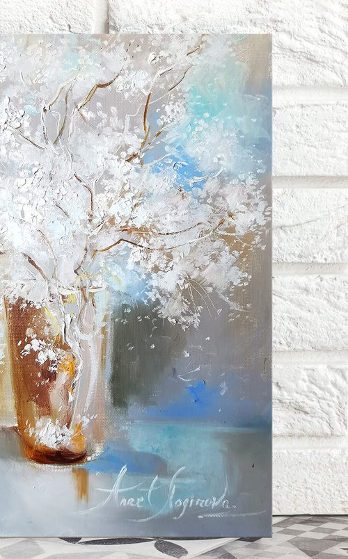 White flowers painting on canvas by Annet Loginova