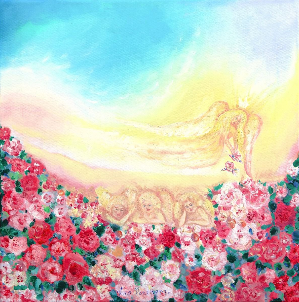 Oil Painting , Angels And Roses By Nino Ponditerra, 16 X 16, Artwork For Sale On Artfinder