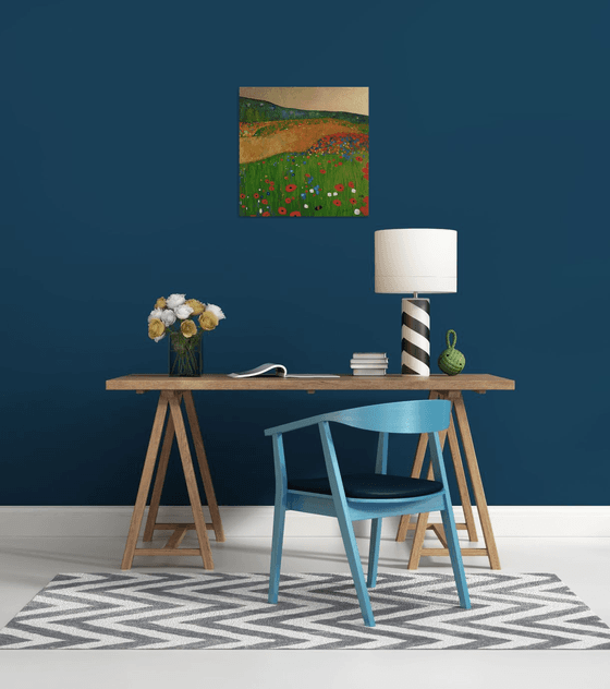 Contemporary Abstract Poppy Field & Gold Leaf Landscape.