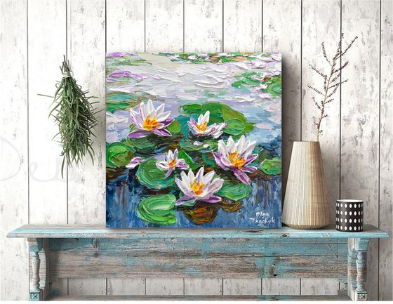 Water Lilies Pond - Impasto Floral Art, Palette Knife Painting