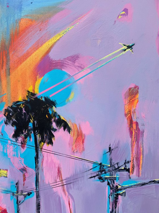 Pink artwork - "Flight to Los Angeles" - Pop Art - Violet painting - Palm - Street Art - Expressionism - Sunset