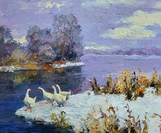 Geese On A Pond In Winter