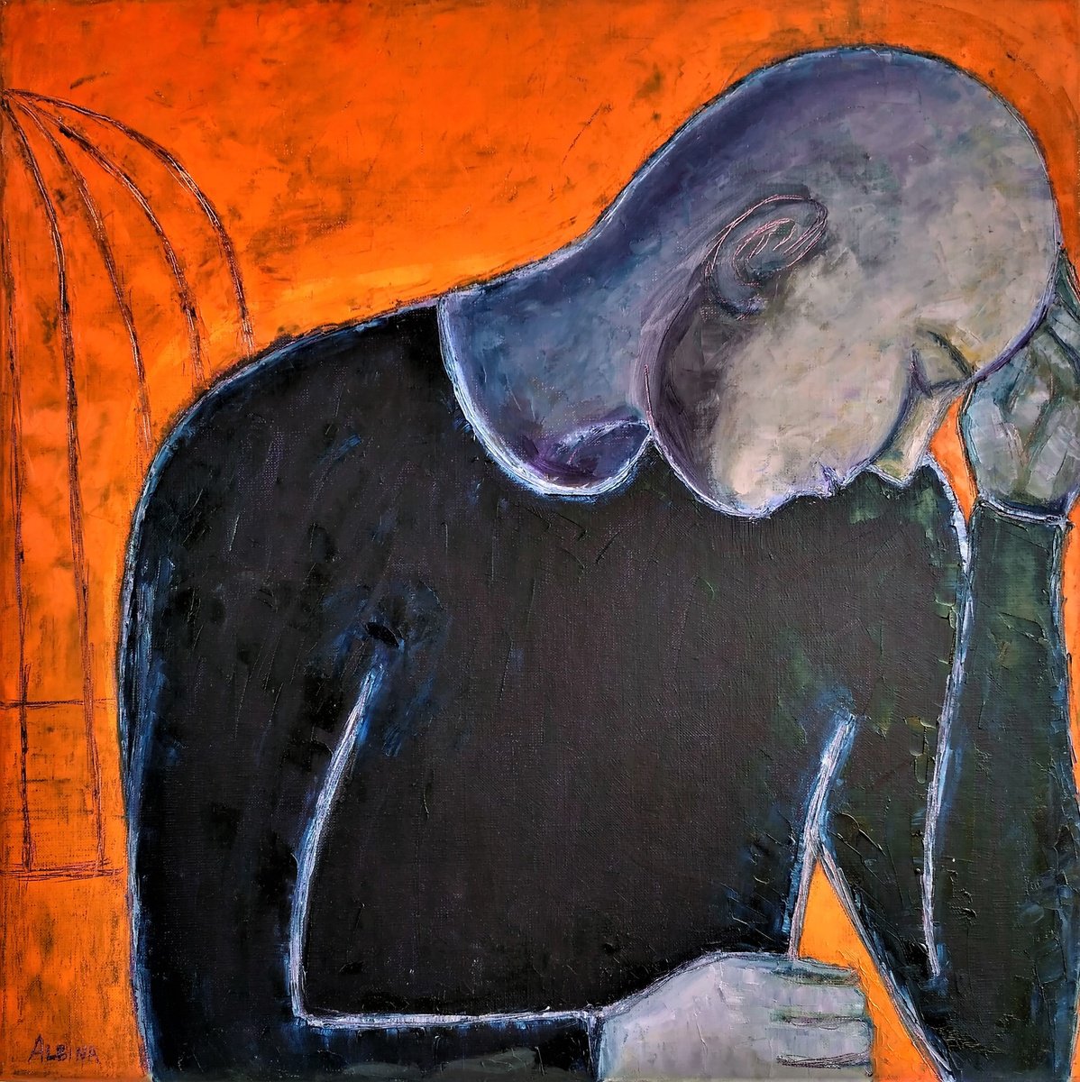 Naive Abstract Oil Painting By Albina Urbanek, 24 X 24, The Empty Cage, Original Artwork