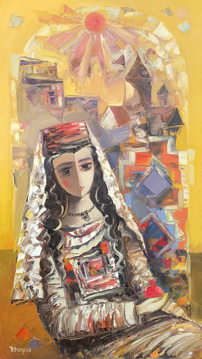 Abstract Portrait Oil Painting By Hayk Miqayelyan, 16 X 28, Golden Memories, Original Artwork