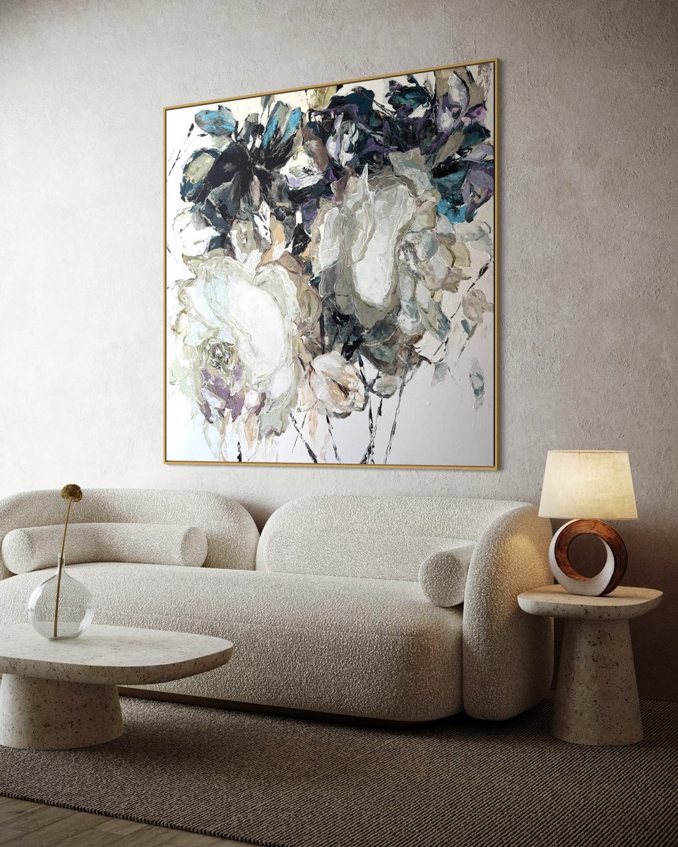 Impressionistic Botanical Acrylic Painting By Tetiana Hutsul, 59 X 59", She Bloomed Without Permission, Original Artwork