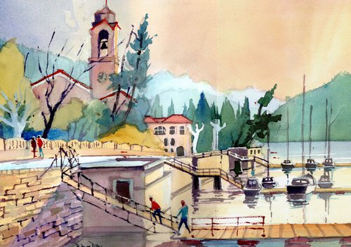 Tremezzo. Lake Como, Italy. Mountains, Boats & Church. by Peter Day