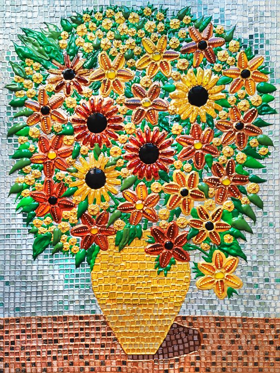 Amber Sunflowers. Still life Flowers in vase. Precious stones & marble mosaic wall art wall sculpture