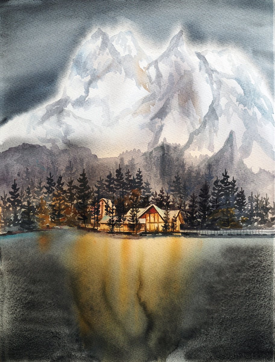 Impressionistic Landscape Watercolour By Delnara El, 11 X 15, Warm Home On A Cold Night, Original Artwork