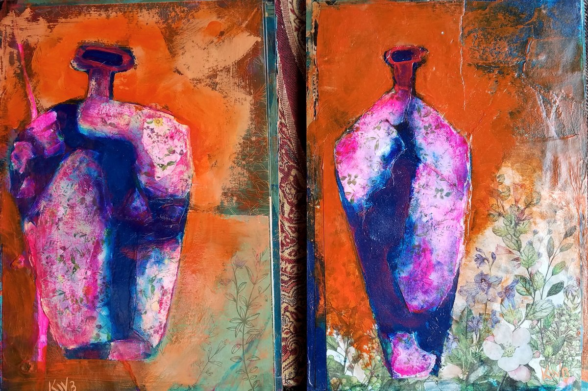 Impressionistic Still Life Painting By Kevin Blake, 18 X 12", Two Vases, Original Artwork